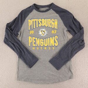 Pittsburgh Penguins Shirt Mens S Gray Blue Hockey Raglan Long Sleeve Tee